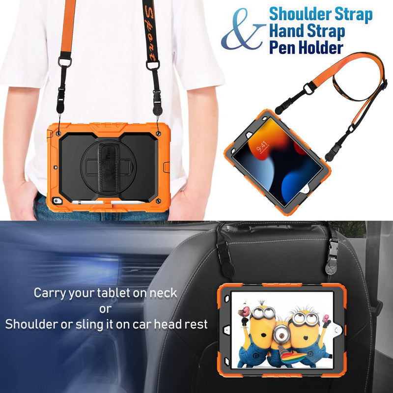 Timecity Case for iPad 9th/ 8th/ 7th Generation 10.2 inch (Case for iPad 9/8/ 7 Gen): with Strong Protection, Screen Protector, Hand/Shoulder Strap, Rotating Stand, Pencil Holder - Orange Black+Orange