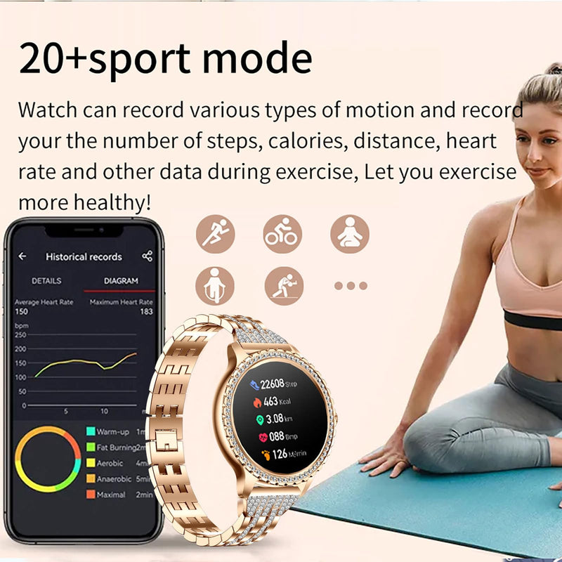 Yihou Luxury Gold Smart Watches for Women, Diamond Round Designer Fitness Tracker Smartwatch for Android iOS Phones with Make/Answer Call Sleep Monitor