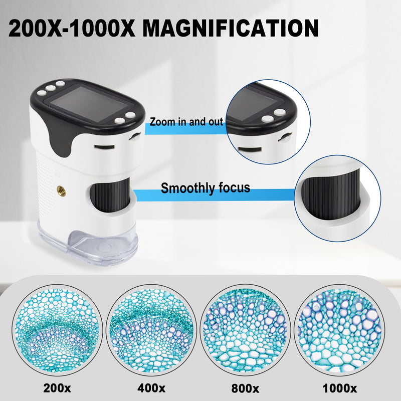[AUSTRALIA] - 1000X Handheld Digital Microscope for Kids 2'' HD Screen 4K Rechargeable Mini Pocket Microscope with Slide Kit, Microscope Stand, 32G SD Card for Education Gift Age 4-6 8-12 Children 