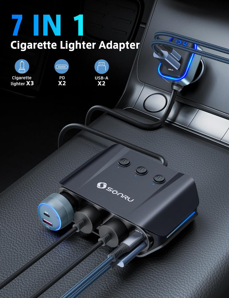 [AUSTRALIA] - 7 in 1 Cigarette Lighter Splitter, SONRU 180W (max 192W) 3-Socket Car Cigarette Lighter Adapter with Dual PD 36W/QC3.0 Fast Charging (3.7FT Cable) 12V/24V Independent Switches & LED Voltage Display BLACK 