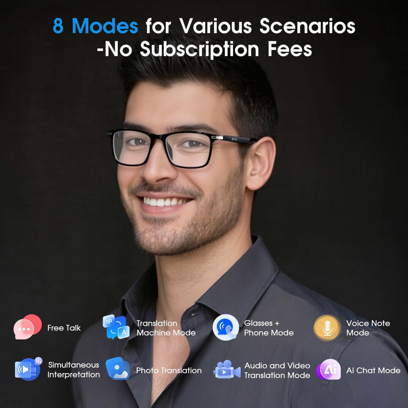 2026 Al Smart Glasses, Bluetooth Translation Glasses with 164 Languages | Color-Change Lens, Music & Call, IP65 Waterproof, Free App, Fashion Audio Glasses for Meeting Driving Travelling,Thin Temples Black-Photochromic lenses