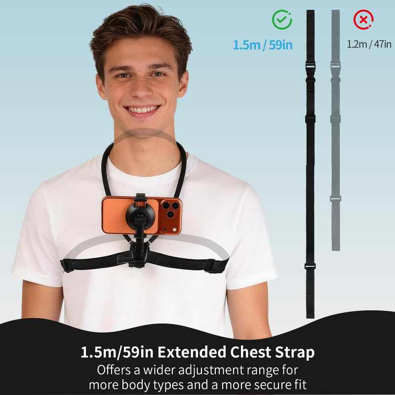 Neck Phone Holder and POV Chest Mount with 1.5m Strap | Magnetic and clip-on mounting for hands-free filming while walking, cooking, hiking or vlogging; fits iPhone 12-17.