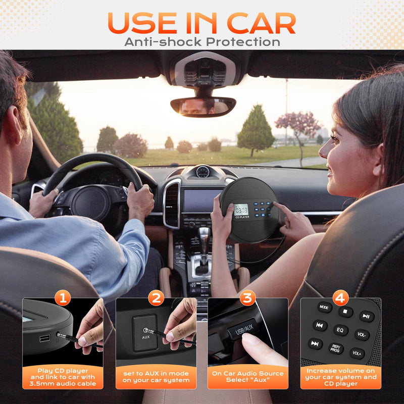 Portable CD Player with Speakers:Rechargeable Walkman CD Player for Car with Anti-Skip Protection,Discman CD Player with Headphones,Plays Recorded MP3/Audiobook/CD/USB with Memory,Backlit.