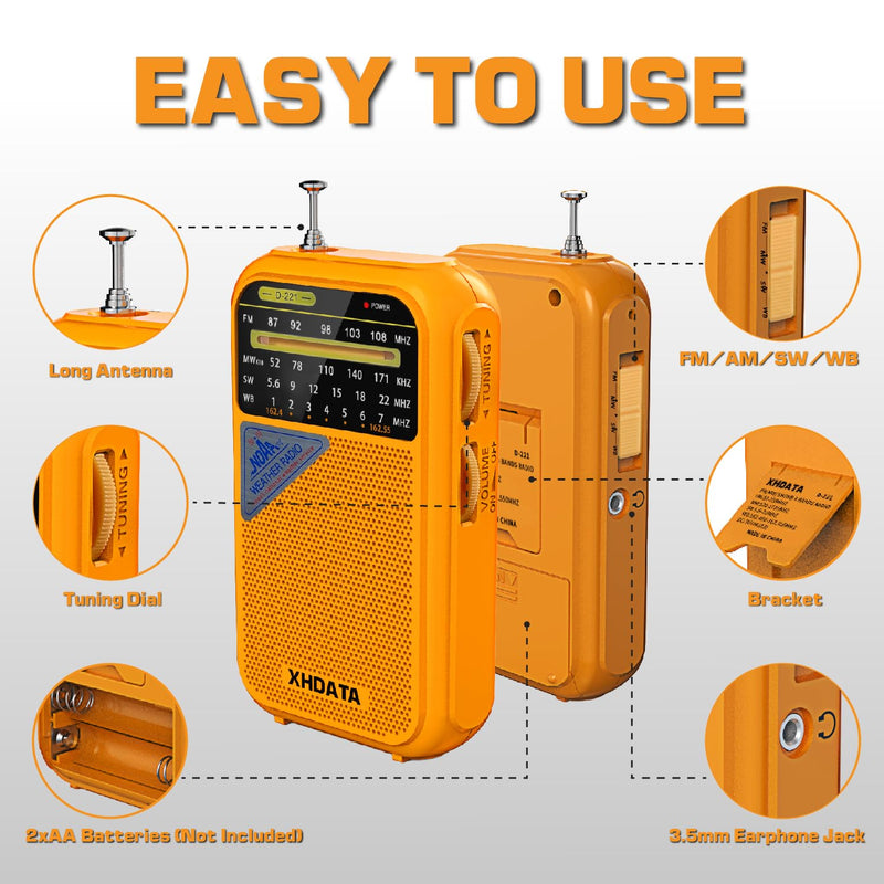 [AUSTRALIA] - D221 NOAA Weather Radio Portable AM FM Shortwave Radio Receiver, 2 AA Battery Operated, Transistor Radio with Excellent Reception for Emergency, Hurricane, Gift, Walking and Home (Orange) Orange 