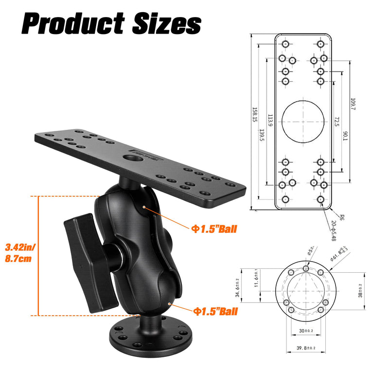 Aluminum Fish Finder Mount with 1.5"/C Size Ball, 3.42" Aluminum Arm Marine Electronics/Depth Finder Mount. High Salt Water Resistant, compatible with Garmin, Lowrance, Humminbird, and More. Short Arm