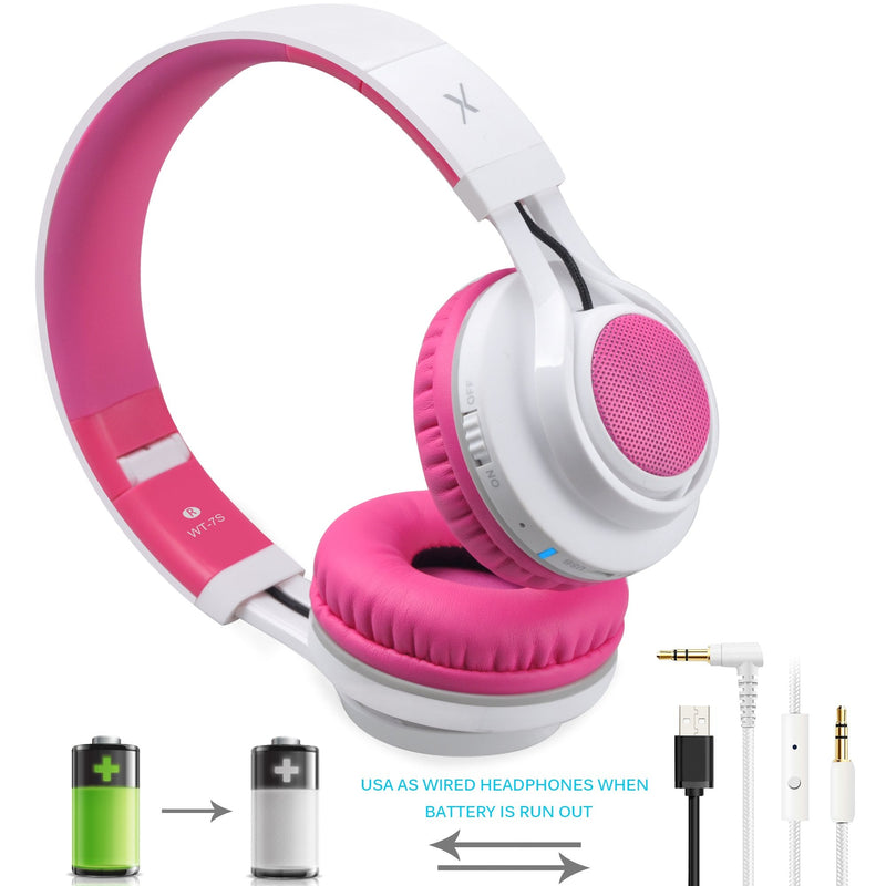 Riwbox 2 Packs WT-7S Kids Headphones Wireless, Foldable Stereo Bluetooth Headset with Mic Compatible with PC/Laptop/Tablet/iPad (Blue-Pink)