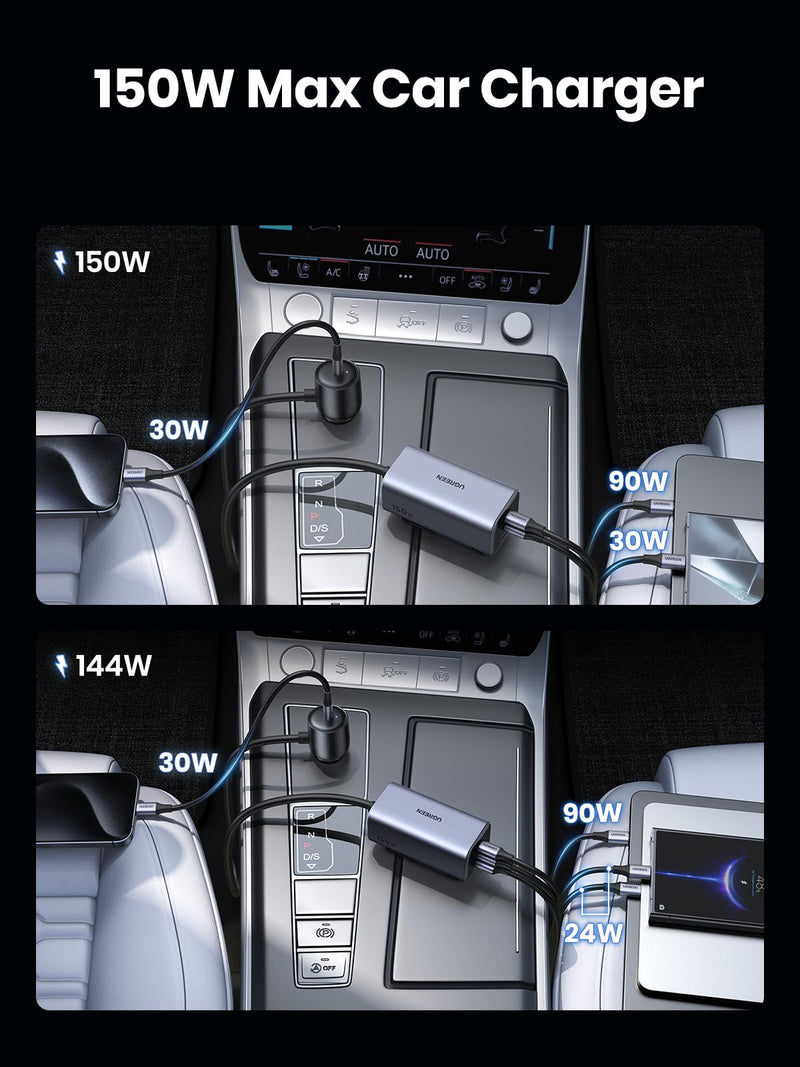 UGREEN 150W 4-Port Retractable Car Charger with Built-in Cable | 3 USB-C 1 USB-A, Compatible with iPhone 17 Air 17 Pro 17 Pro Max 16 15 14 13 12, Galaxy S25 S24 S23 Ultra, iPad, MacBook
