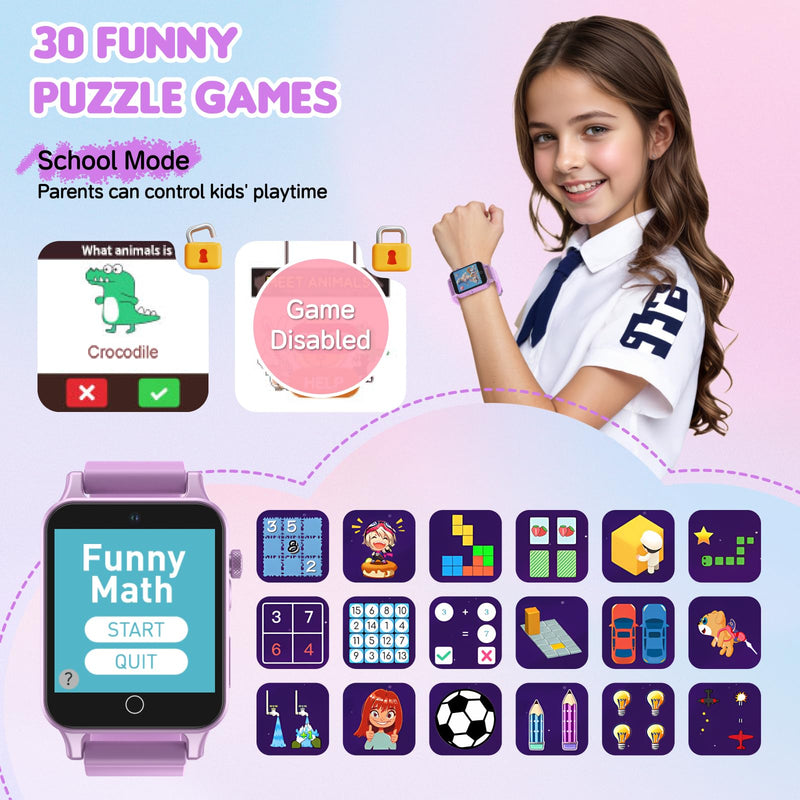 Kids Smart Watch Girls for Age 5-12, HD Camera Toddler Watch Educational Toys Birthday Gifts for Girls Ages 5 6 7 8 9 with Music Player, Alarm Clock, Learn Card, 30 Games, Pedometer Purple