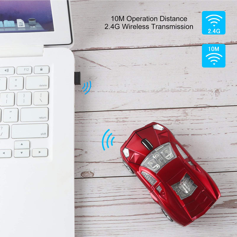 CHUYI Cool Sports Car Shaped Wireless Mouse 1600DPI Cordless Optical Mice with USB Receiver for Office School Home Travel, for PC Laptop Computer Gift (Red-1 Pack) Red