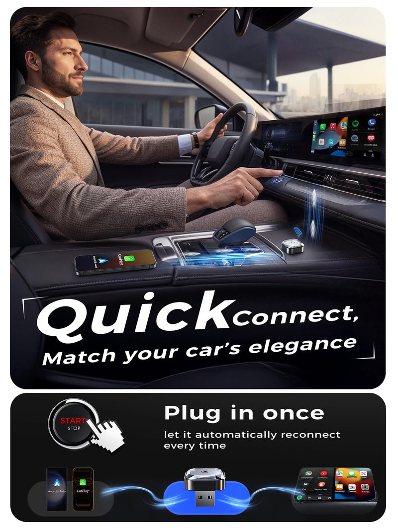 Wireless CarPlay Adapter & Wireless Android Auto Adapter, 2 in 1 Car Dongle | with WiFi 6 & Bluetooth 5.4, 3s Auto-Connect, Metal Housing for Better Cooling, Includes USB-C Adapter, Fits 1000+ Vehicles Black
