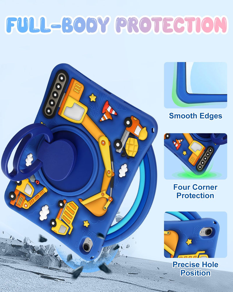 Wazzasoft for iPad A16 Case 2025 11 inch/for iPad 10th Generation Case 2022 10.9" - Cute 3D Silicone Cover with Adjustable Shoulder Strap, Rotating Stand & Handle for Kids Boys, Construction Truck