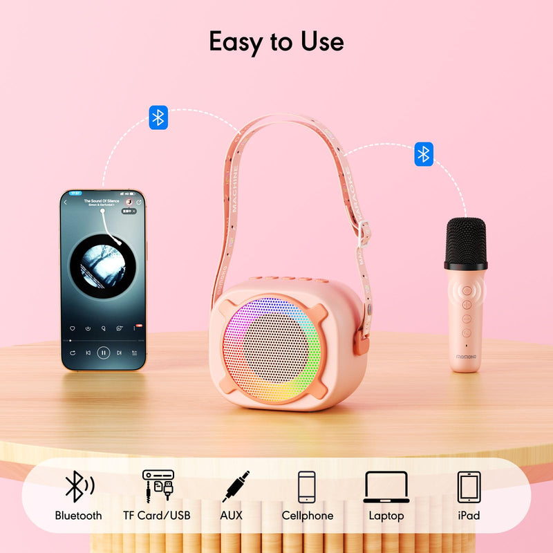 Siren K1 Mini Karaoke Machine for Kids, Portable Bluetooth Speaker with 2 Wireless Mics & Party Lights, Magic Voice Effects for 3-12 Year Old Girls & Boys (Pink)