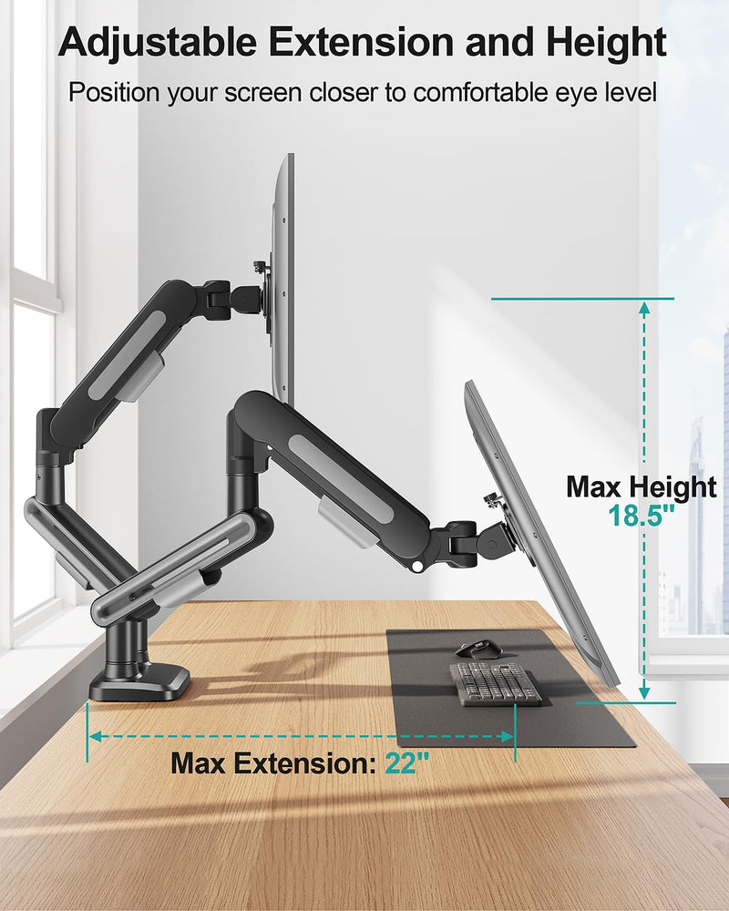 MOUNT PRO Dual Monitor Desk Mount, Pneumatic Monitor Arms for 2 Monitors Max 39 Inches, Adjustable Dual Computer Monitor Stand Each Arm Holds up to 26.5lbs, VESA Mount with C Clamp & Grommet Base Max 39"