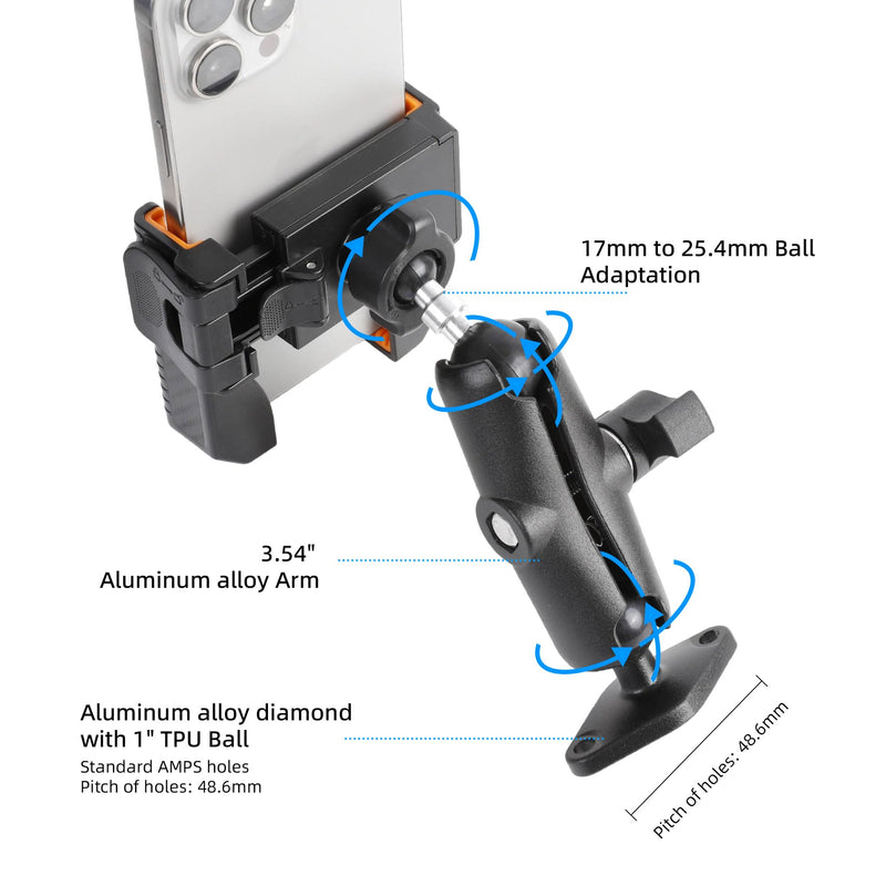 xik 1" Ball Screw Mount Phone Holder for Boat Car Truck Desktop -Medium Arm | 1s Lock & Release, Aluminum Diamond AMPS Base, 3.56" Double Socket Arm, Camera Friendly Dashboard Phone Holder Medium(With 3.54" Arm)