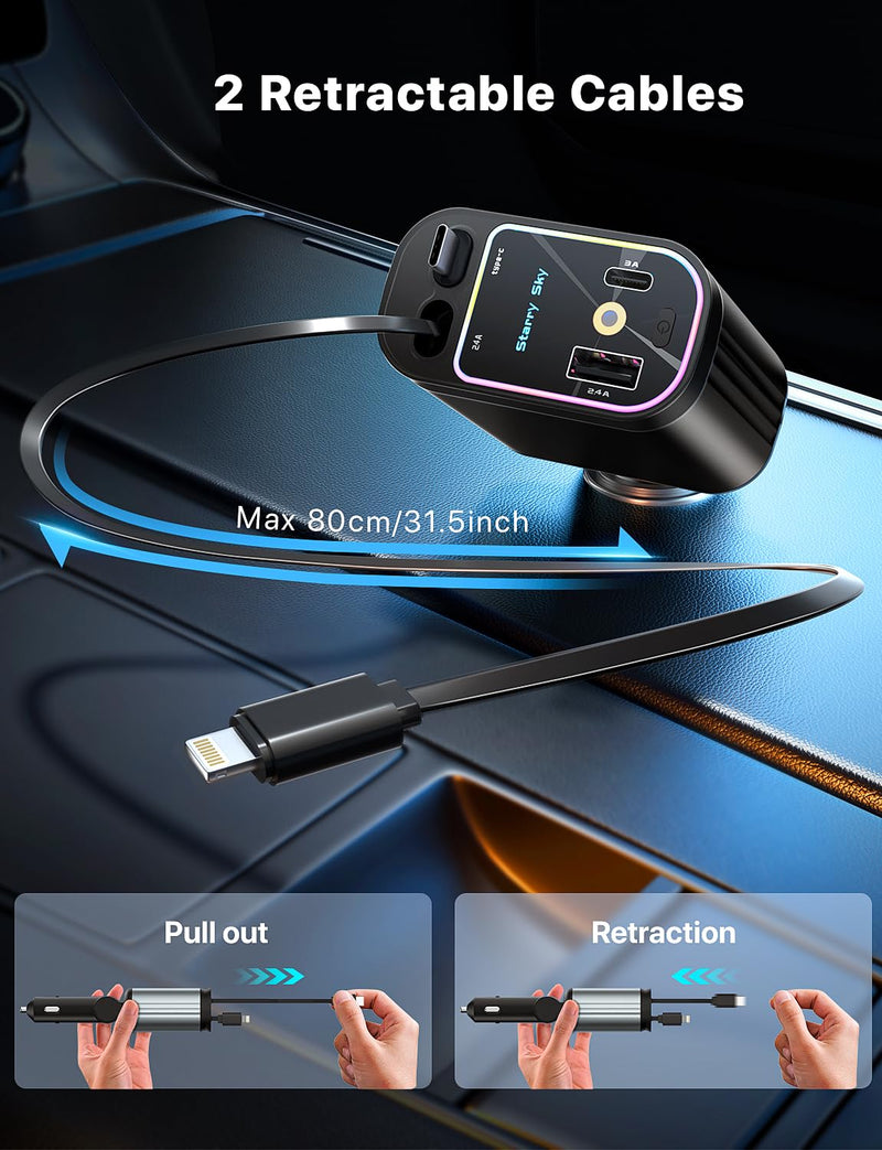 Starlight Retractable Car Charger with Retractable Cables, Starlight in Car Roof 4 in 1 Super Fast Car Phone Charger, 2 USB Ports Starry Sky Car Charger Adapter, Compatible with iPhone 15 14 13 Deep Black