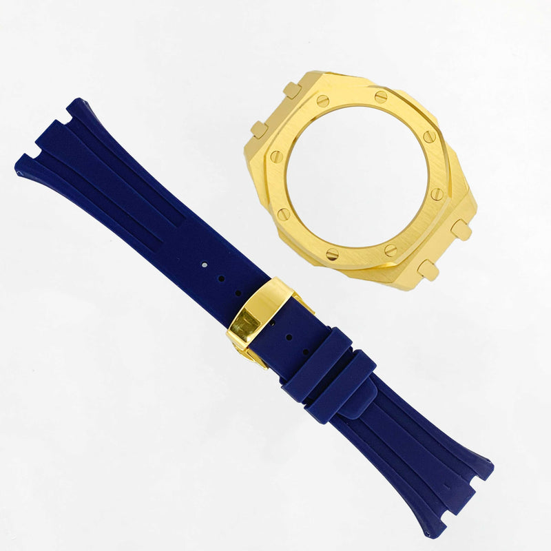 Ga2100 Watch Modify Case Band Mod Kit,Gold Plated Stainless Steel Bezel Case Silicone Strap Band Compatible With Casio G shock Ga2100 Ga2110 GAB2100 Gold Case blue Strap yuanding fba