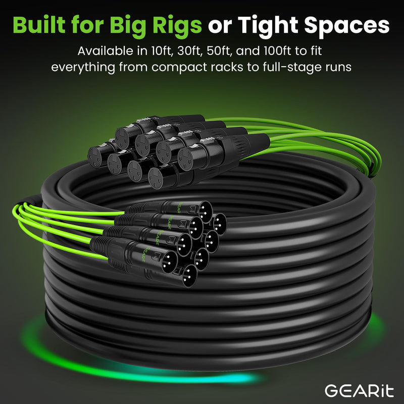 GEARit 8-Channel XLR Snake Cable (10 ft) - 100% Oxygen-Free Copper Snake Wire, Channel Labels, Metal XLR Connectors for Pro Audio - 10 Feet 8-Channel - 10 Feet Black