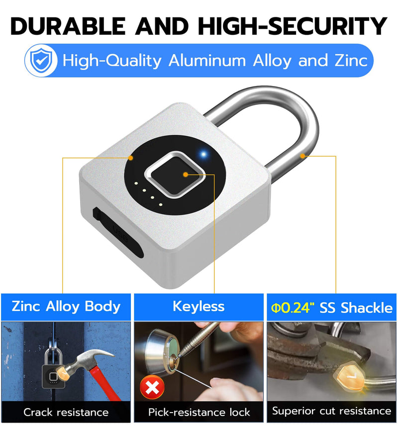 [AUSTRALIA] - eLinkSmart Fingerprint Gym Locker Lock, Keyless Biometric Padlock, Weatherproof Electronic Digital Smart Combo Pad Lock for Outdoor Fence Gate Storage Fridge Helmet Ski Pool Shed (Silver, with Cable) Silver, with Cable 