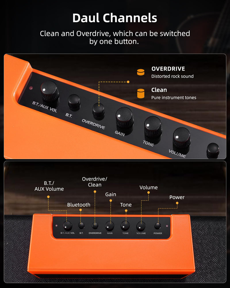 LEKATO Mini Guitar Amplifier with Clean Overdrive Effects 5W Rchargeable Electric Guitar Amp Small Bass Amplifier Bluetooth Bass Amplifier for Daily Practice,Orange Orange