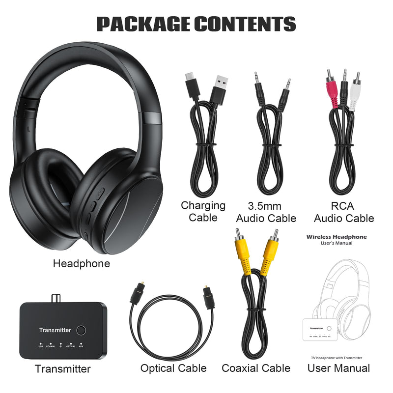 Wireless Headphones for TV, Bluetooth & 2.4G Dual-Mode Headphones with Transmitter Box, 5 Equalizer Presets with Clear Dialogue, Built-in mic for Calls, TV Ear Headsets, Black