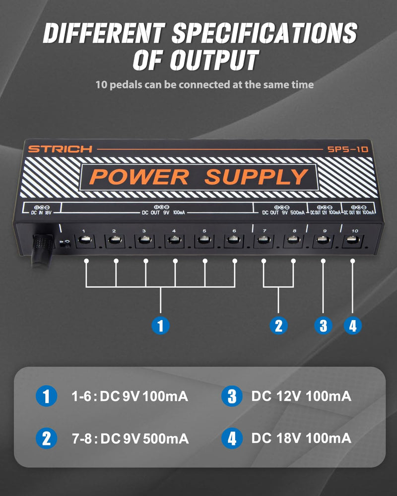 STRICH Guitar Pedal Power Supply, 10 Isolated DC Output for 9V/12V/18V Effect Pedal, 100mA 500mA Pedalboard Power Supply with Short Circuit Protection, Noise Reduction Circuit Design, SPS-10