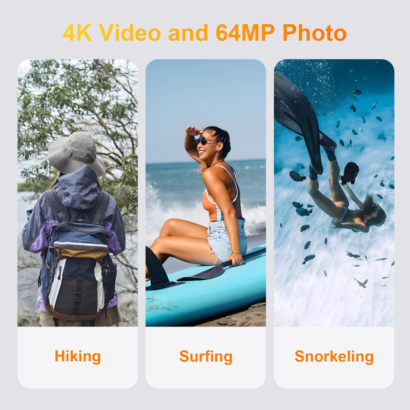 4K Underwater Camera 64MP 33FT Waterproof, 32GB Card Dual-Screen Dustproof | Suitable for Snorkeling, Vacation, UHD Autofocus Point-and-Shoot, Compact , Floatable, 1500mAh Battery, Type-C, Yellow