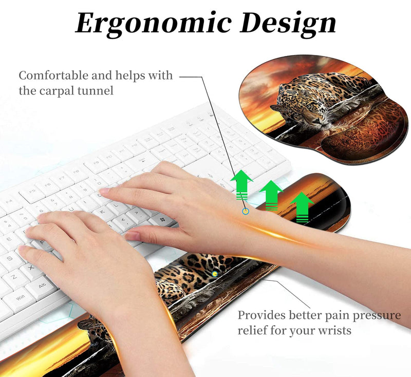Ergonomic Mouse Pad Wrist Support & Keyboard Wrist Rest Set (with Coaster), Memory Foam Gel Keyboard Moue Pads Combo for Easy Typing Pain Relief Computer Laptop Office-Leopard Drinking Leopard Drinking
