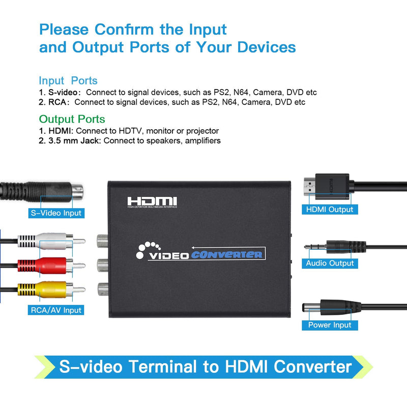 RCA Svideo to HDMI Converter with AV + S-Video Cables, RCA Composite CVBS AV or Svideo + R/L Audio Input to HDTV Output Upscale Converter