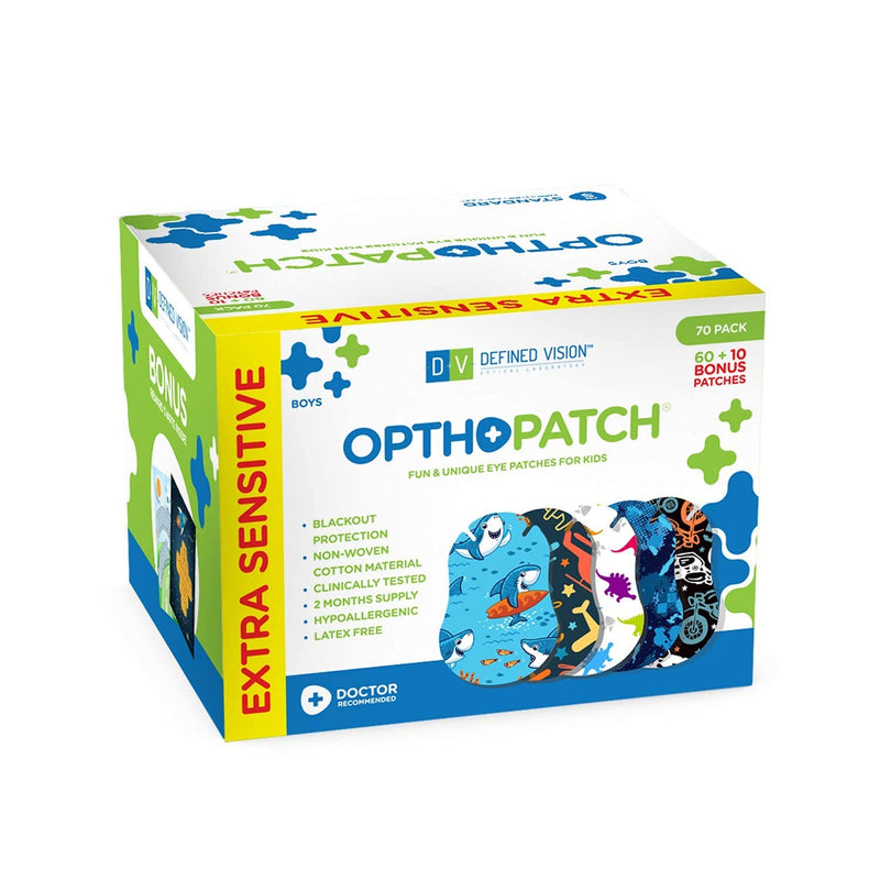 Kids Eye Patches - Fun Boys Design - 60+10 Bonus Latex Free Hypoallergenic Cotton Extra Sensitive Adhesive Bandages for Amblyopia & Cross Eye-3 Reward Chart Posters- OpthoPatch by Defined Vision