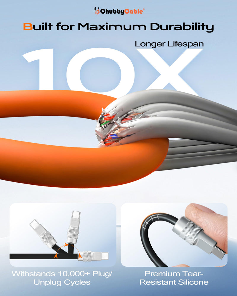 chubbycable 3 in 1 Silicone USB C Cable for Apple Watch, Orange, 4.1FT | Travel Essentials, 100W Fast Charging, Strong Magnetic, 480Mbps Data Transfer, E-Marker Safety Chip, 45,000+ Bend Tested