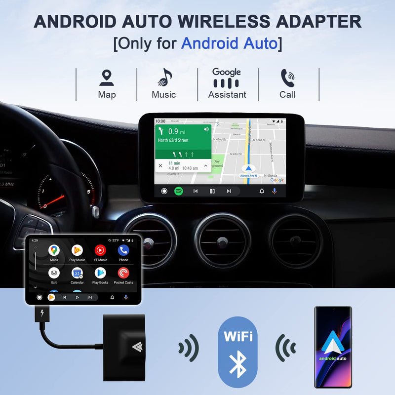 Android Auto Wireless Adapter for OEM Factory Wired Android Auto Cars Plug & Play Easy Setup Wireless Android Auto Dongle for Android Phones Converts Wired Android Auto to Wireless (Black) Black