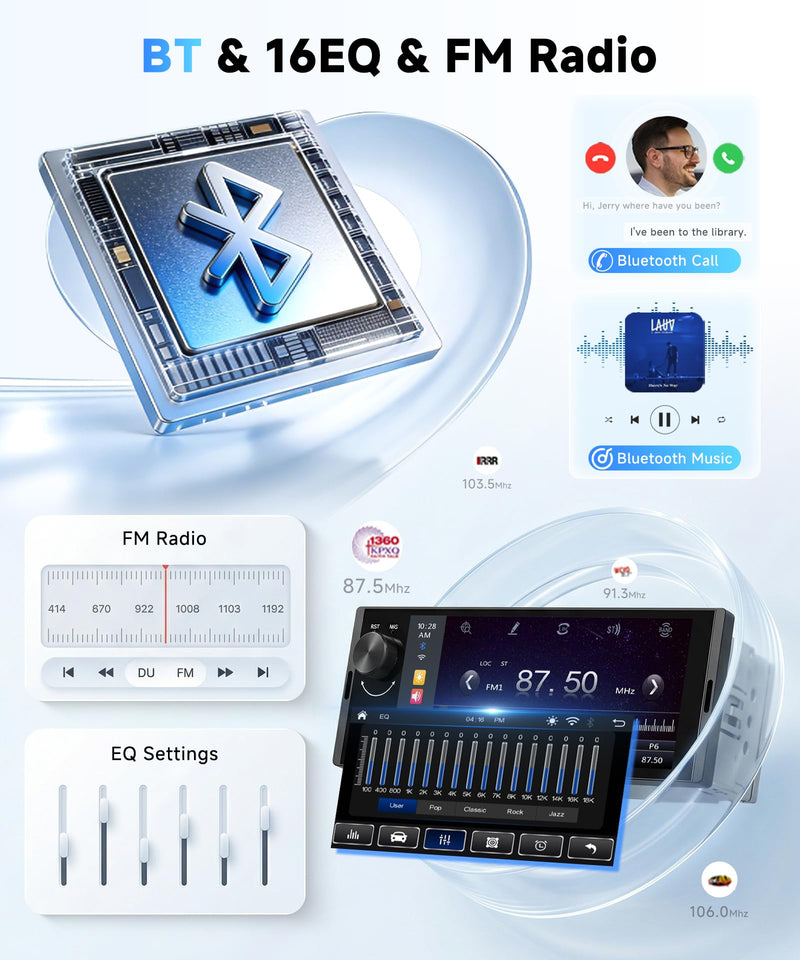 Single Din Car Stereo with 6.36 Inch Touch Screen, Wireless CarPlay & Android Auto, Mirror Link, Online Video, Bluetooth, FM Radio, 16-Band EQ, Backup Camera Included, SWC, USB/Type-C, Physical Knobs