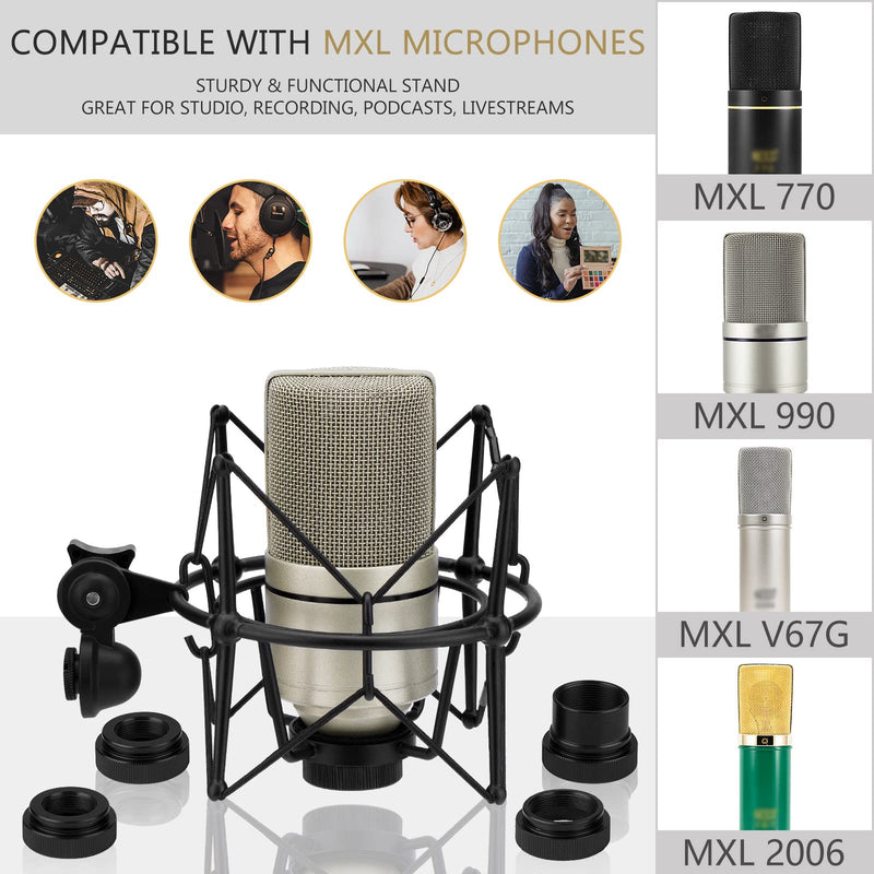 Geekria for Creators Microphone Shock Mount Compatible with MXL 770, 990, R77, TEMPO, V67G, 2006, R144 Mic Anti-Vibration Suspension Adapter Clamp Mic Holder Clip (Black/Metal)