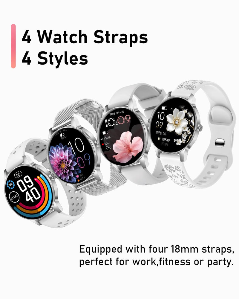 Smart Watches for Women, 1.27'' TFT Fitness Watch With Bluetooth Answer/Make Call,24H Heart Rate/SpO2/Sleep Monitor/Menstrual Cycle/120+ Sports Fitness Tracker for iPhone Android iOS(4 Straps,Silver) Silver
