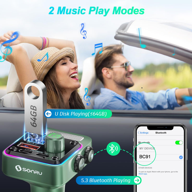 [AUSTRALIA] - Bluetooth 5.3 FM Transmitter Car Adapter - SONRU Car Charger 54W [PD 36W & QC3.0 18W], Wireless FM Radio Transmitter [HiFi Treble & Bass Player], 5 Colors LED Backlit, Hands-Free Calling, U-Disk Green 