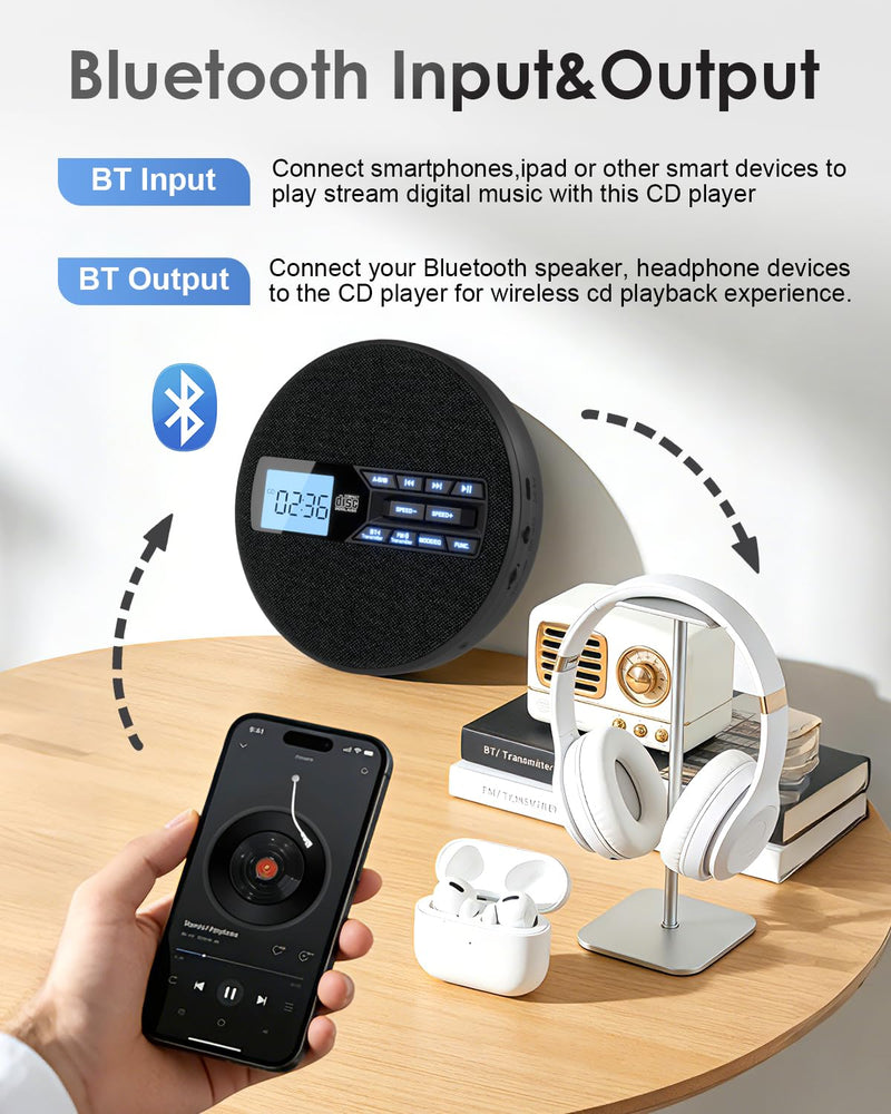 [AUSTRALIA] - Portable CD Player for Car with FM Transmitter, Rechargeable Small CD Player with Bluetooth & Dual Speakers for Home, Anti-Skip, Resume Playback, AUX/USB, Backlit LCD Display, Headphones 