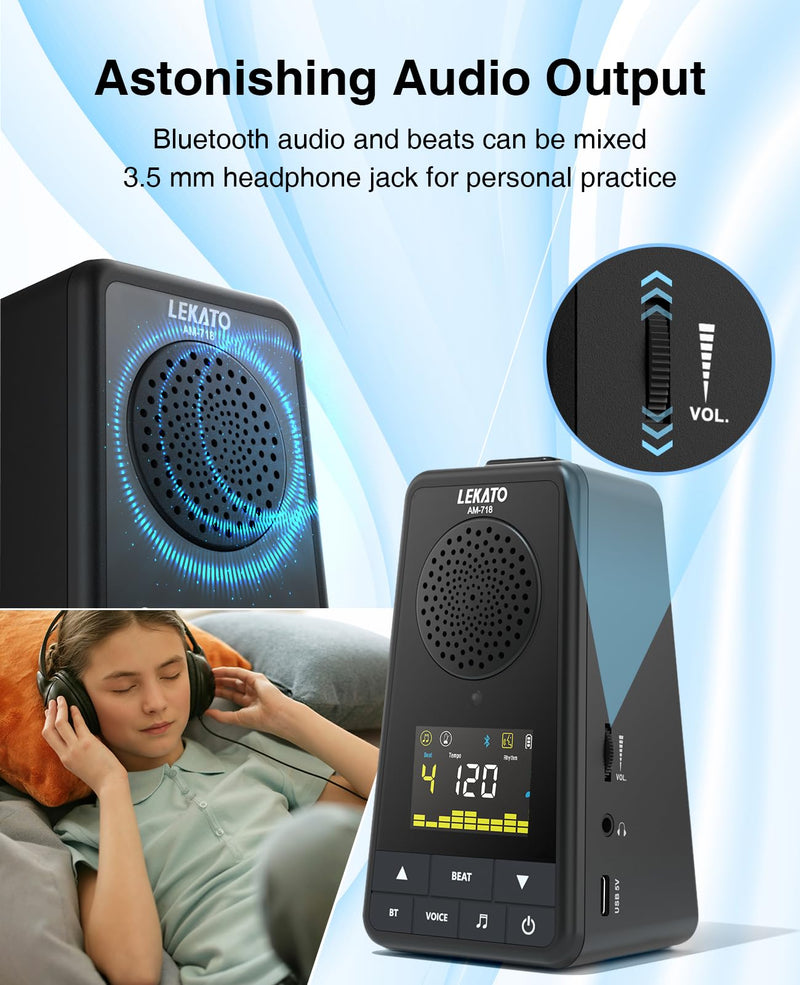[AUSTRALIA] - LEKATO Bluetooth Speaker Metronome for Guitar Piano Drum, Rechargeable 2-in-1 Electronic Digital Metronome with Vocal Counts, Portable Wireless Speaker Beats Mixer, Black 2-in-1 Bluetooth Speaker Metronome-Black 