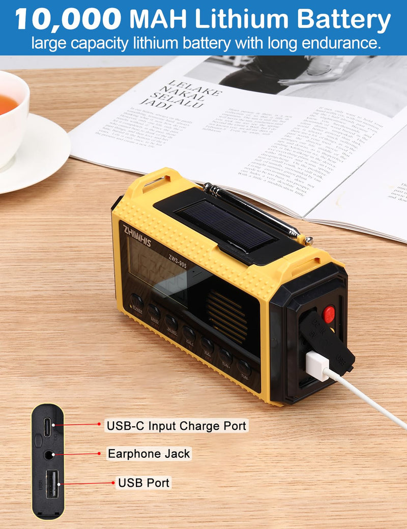 ZHIWHIS Emergency Radio with Auto NOAA Alerts, 10000mAh AM FM SW Weather Radios, Hand Crank/Solar/SOS/Flashligh/Reading Lamp/Timer Portable Receiver with Preset, for Emergencies ZWS-905