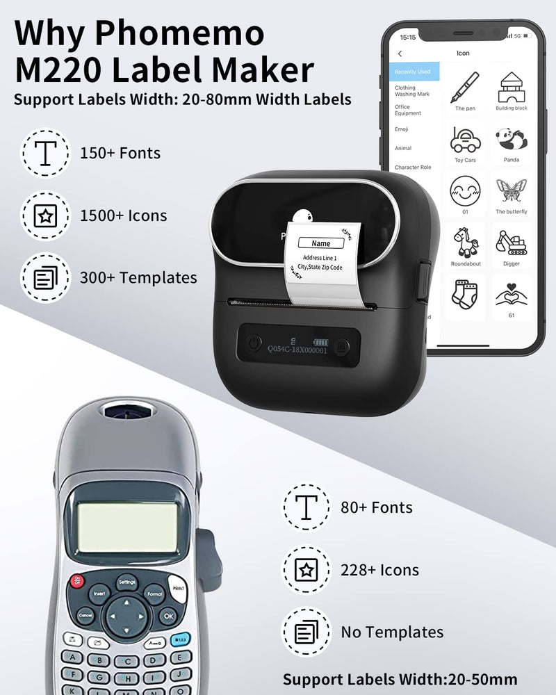 [AUSTRALIA] - Phomemo M220 Label Maker,Thermal Label Printer,Upgrade Bluetooth Label Sticker Maker Machine, Multiple Template Font for Home,Office,Business,Organization,Inkless Printer Compatible with Phone &Laptop Black 1 Printer + 1 Roll Labels 