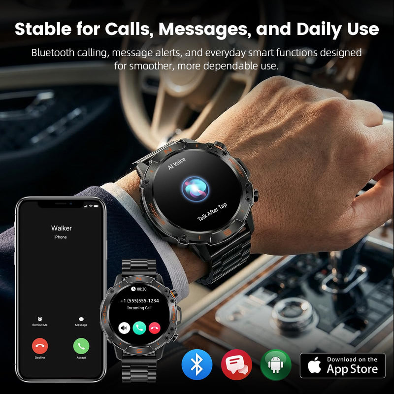 Rugged Smart Watch for Men, 5ATM Waterproof, 170+ Sports Modes,1.43" AMOLED | Round Health Fitness Tracker Watch, Tactical Military Smartwatch Compatible with iPhone Android Metallic