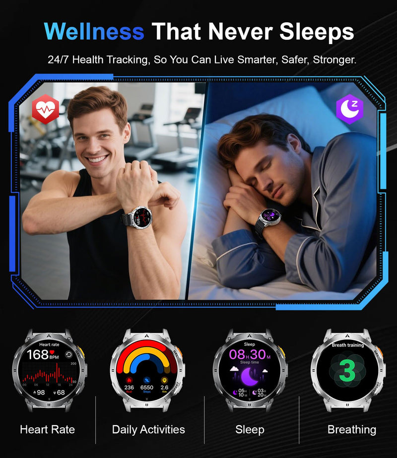 LIGE Military Smart Watches for Men, Smartwatch with 730mAh/1.62" AMOLED Screen/Flashlight/Heart Rate/Sleep/Calling/110+ Sports Mode, Rugged Men's Fitness Tracker Watch for Android iOS,Black black
