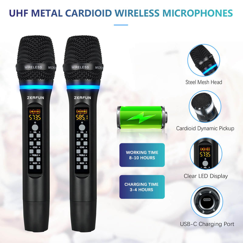 Dual Wireless Microphones Rechargeable, UHF Metal Wireless Mic System Cordless Microphone Professional with Echo Treble BASS VOL Channel Control for Karaoke Singing Church Events WM-2 A