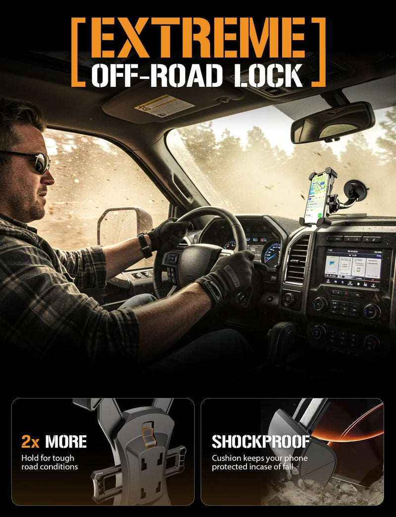 ToughTested Mammoth Truck Car Phone Holder Mount Vibration Absorbing Holder | 360° rotating phone holder for car with extra-large suction cup, expandable claw grip, and one-hand quick release Mobile Mount