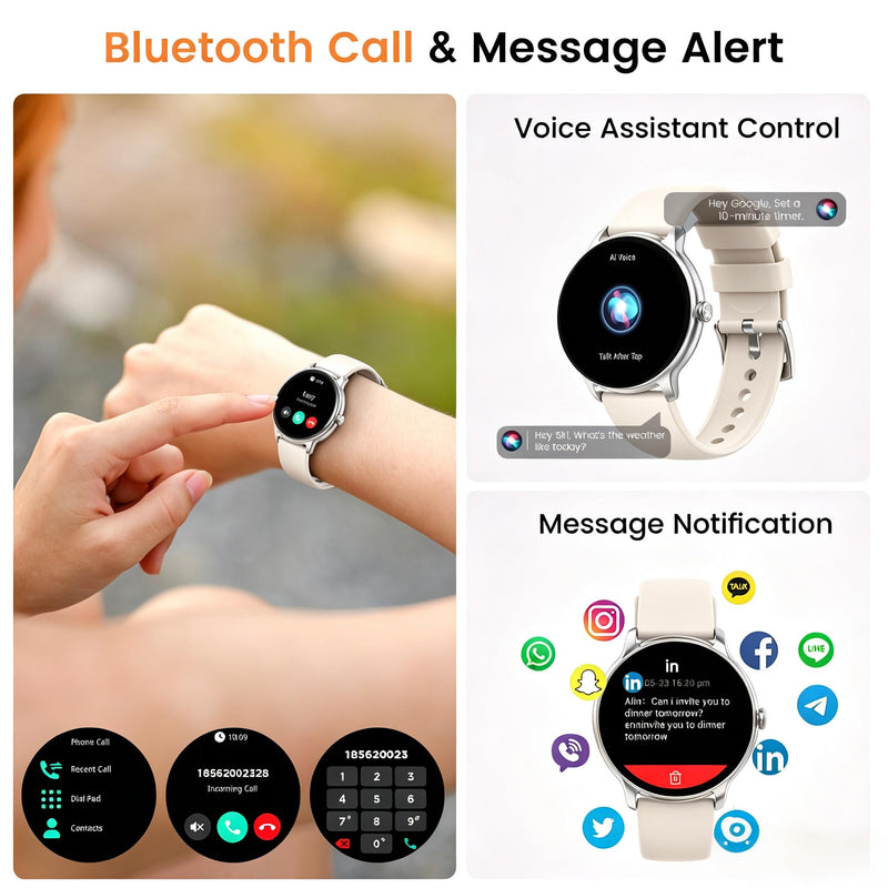 Smart Watch for Women, 1.32'' AMOLED Clear Screen, 2026 New Lightweight Women Smart Watch, Answer/Make Calls, Fitness Tracker with Heart Rate/Sleep/Step Counter, IP68 Waterproof, Gift for her, White off-white