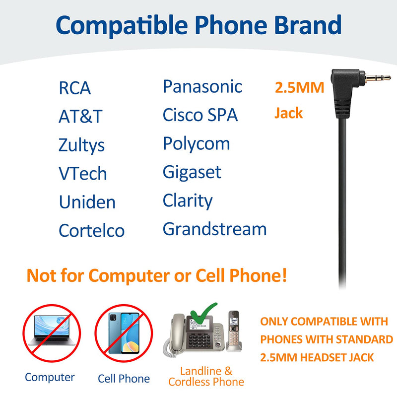 Wantek 2.5mm Telephone Headset with Mic Noise Cancelling, Office Phone Headset Compatible with AT&T ML17929 Panasonic Vtech RCA Uniden Cisco SPA Grandstream Polycom Cordless Dect Phones(F600J25) Monaural F600J25