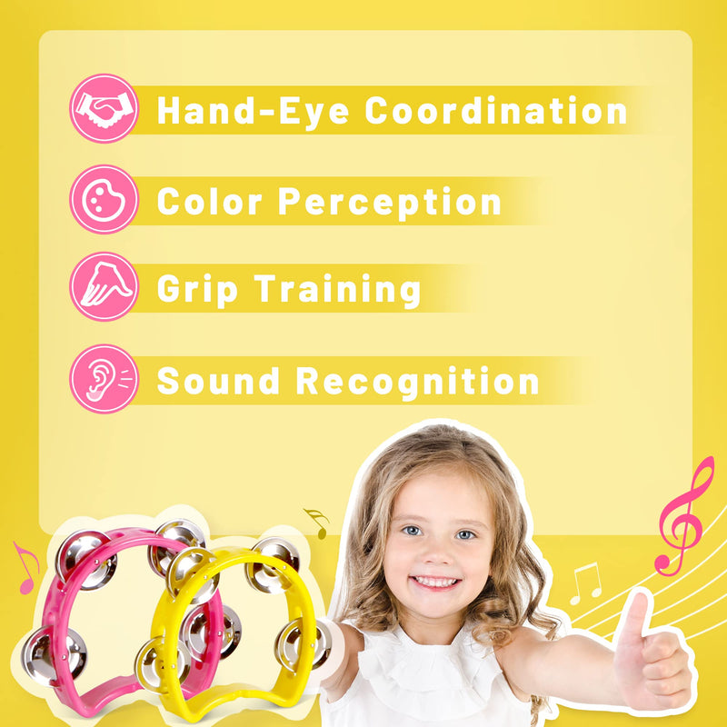 [AUSTRALIA] - Tambourine for Kids, Hand Tambourines Bulk Toddlers Musical Instrument, Metal Jingles Hand Held Percussion, Small Tambourine for Kids, Boys, Girls, 4 Pack 4-colors 