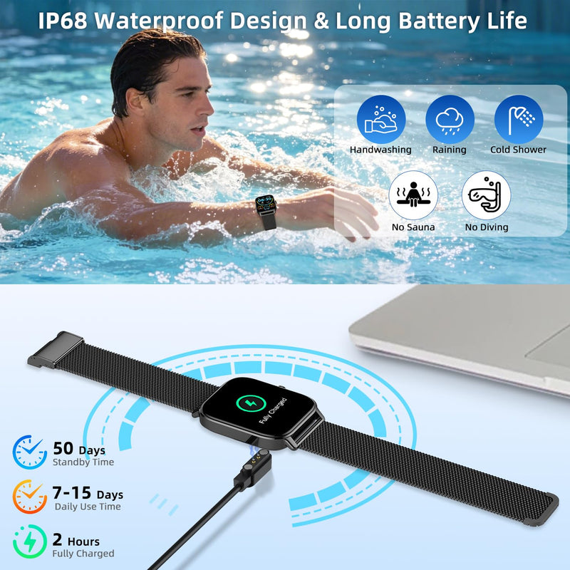 Smart Watch for Men Women Fitness Tracker: Make Answer Call Smart Watches for Men Digital Watches Waterproof Running Smartwatch for Android Phone iPhone Samsung Compatible Sleep Heart Rate Monitor Black