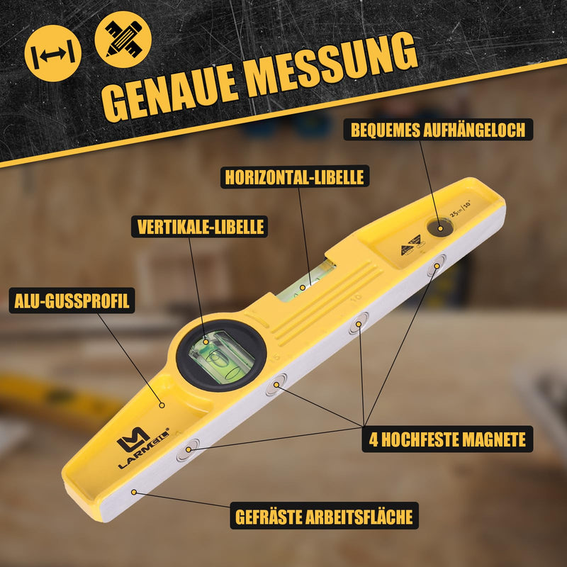LARMEIL Magnetic Torpedo Spirit Level 25 cm Aluminium Cast Profile 4 Magnets Small Spirit Level 1 Horizontal Level 1 Vertical Level