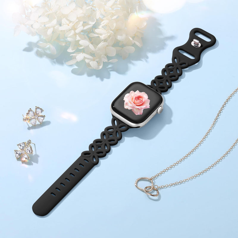 DaQin Slim Silicone Band for Apple Watch Bands for Women 40mm 38mm 41mm 42mm 44mm 45mm 49mm, Cute Thin Braided Floral Hollow-out Breathable Strap for iWatch Series 11 10 9 8 7 6 5 4 3 2 1 SE Ultra Black 38mm/40mm/41mm/42mm(series 11 10)