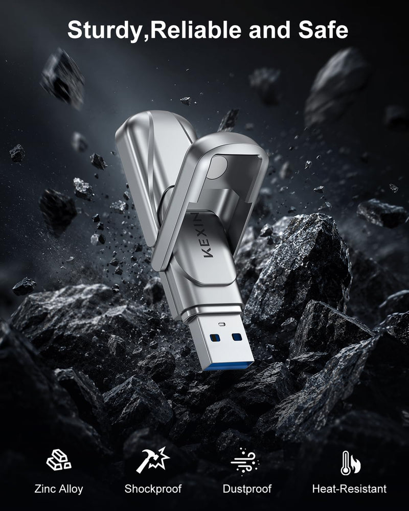 KEXIN 256GB Solid State Drive up to 450MB/s USB 3.2 Gen 1 Dual USB A & USB C Drive Metal for iPhone 15/16/17 Android Smartphone Tablet Game Console Windows Mac 256G silver